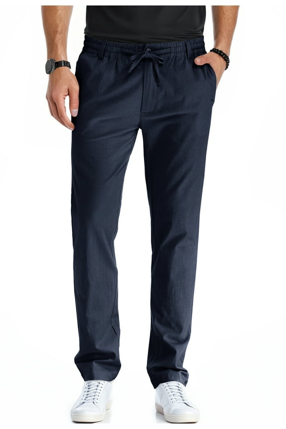 Men's Cotton Linen Pants Elastic Waist Drawstring Casual Trouser Lightweight Straight-Legs Loose Beach Yoga Pants Navy Blue-US 34