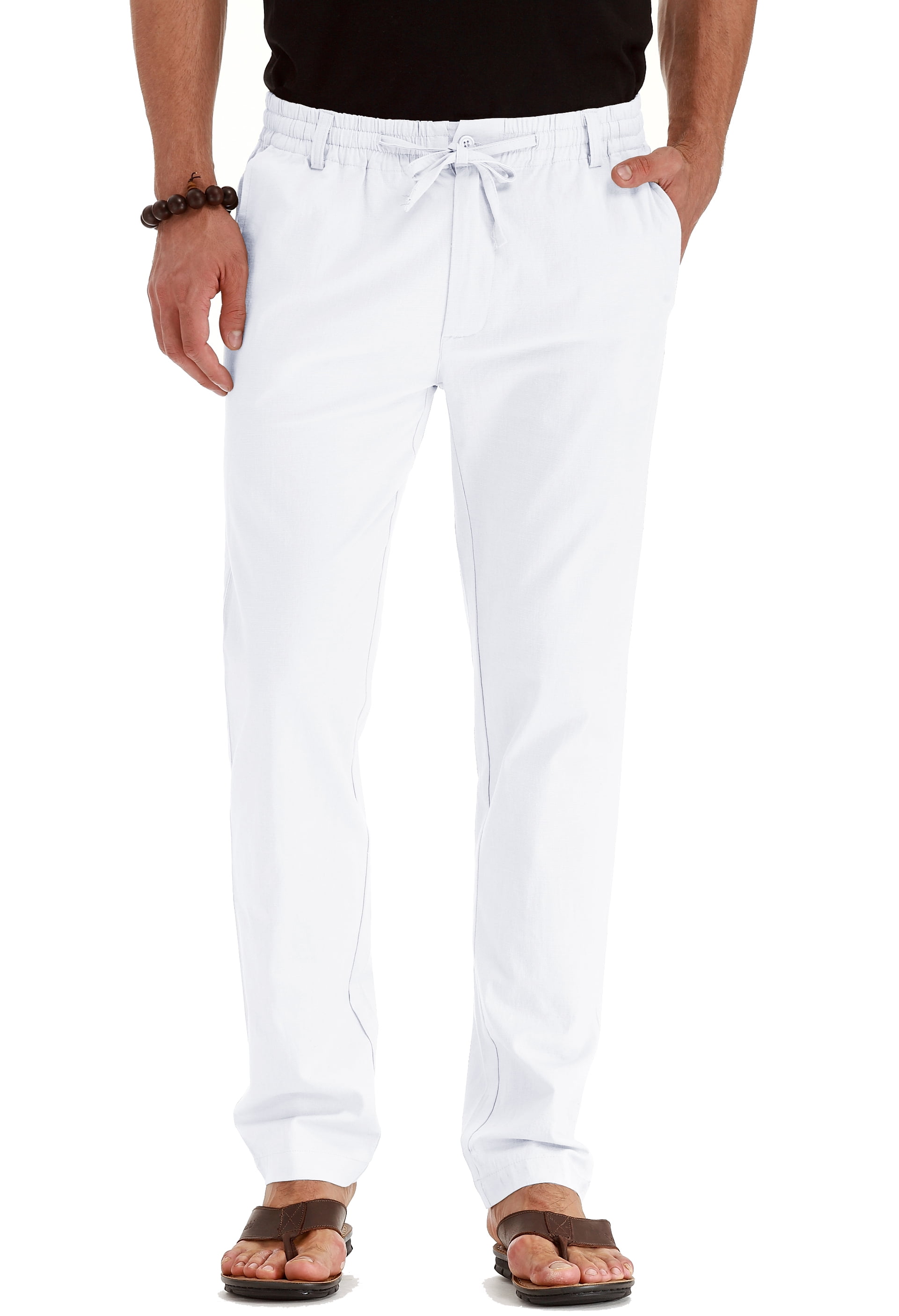 Men's Cotton Linen Pants Elastic Waist Drawstring Casual Trouser Lightweight Straight-Legs Loose Beach Yoga Pants Pure White-US 30
