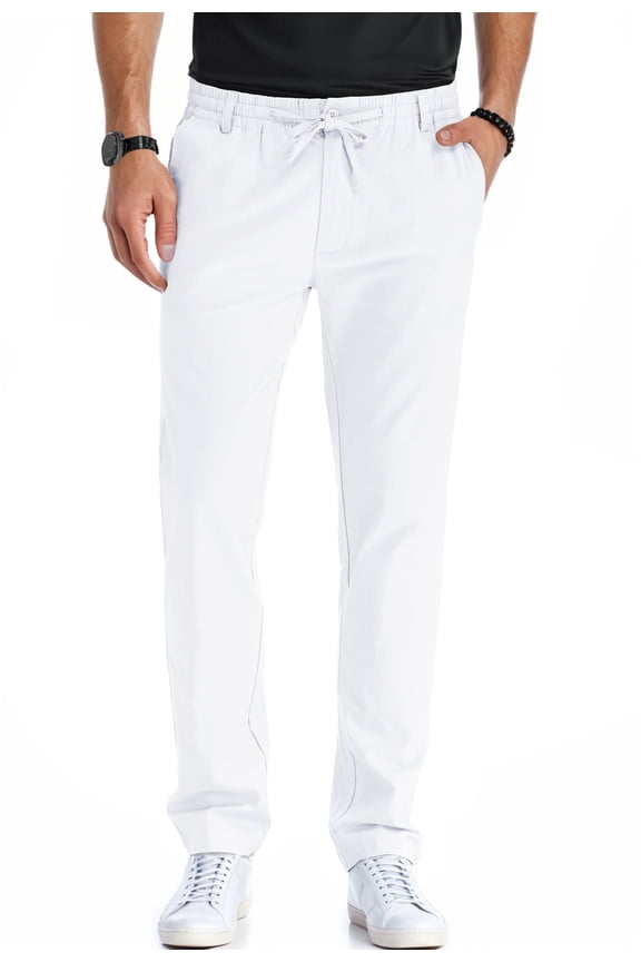 Men's Cotton Linen Pants Elastic Waist Drawstring Casual Trouser Lightweight Straight-Legs Loose Beach Yoga Pants Pure White-US 32