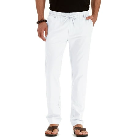 JWD Men's Cotton Linen Pants Elastic Waist Drawstring Casual Trouser Lightweight Straight-Legs Loose Beach Yoga Pants Pure White-US 34