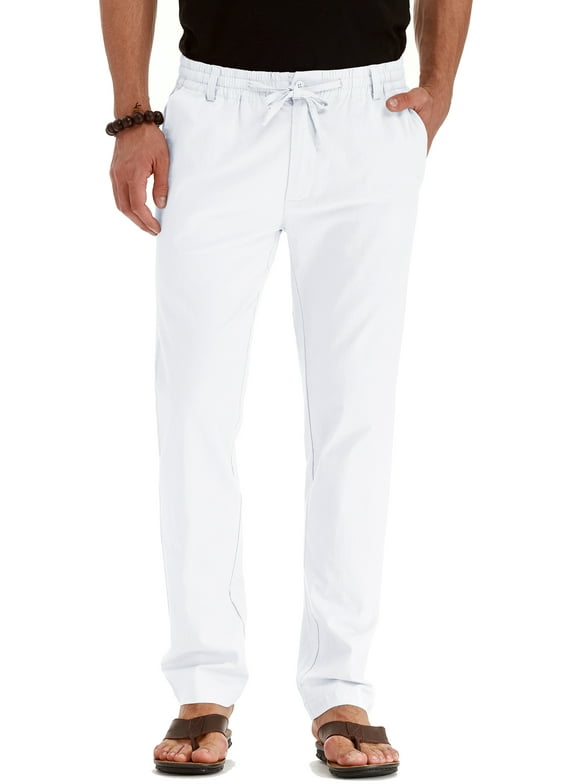 JWD Men's Cotton Linen Pants Elastic Waist Drawstring Casual Trouser Lightweight Straight-Legs Loose Beach Yoga Pants Pure White-US 34