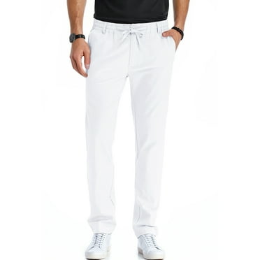 JWD Men's Cotton Linen Pants Elastic Waist Drawstring Casual Trouser Lightweight Straight-Legs Loose Beach Yoga Pants Pure White-US 34