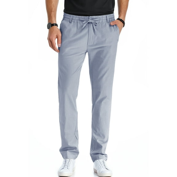JWD Men's Cotton Linen Pants Elastic Waist Drawstring Casual Trouser Lightweight Straight-Legs Loose Beach Yoga Pants Silver Gray-US 34