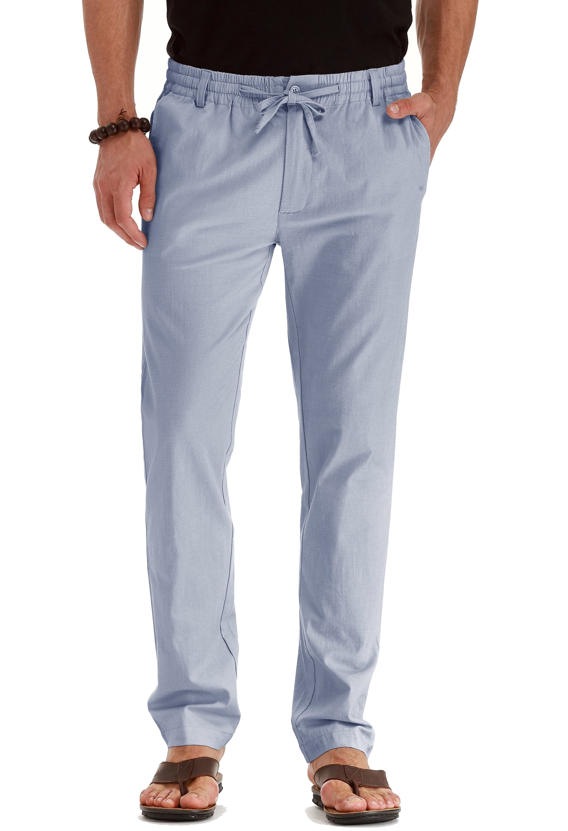 JWD Men's Cotton Linen Pants Elastic Waist Drawstring Casual Trouser  Lightweight Straight-Legs Loose Beach Yoga Pants Navy Blue-US 40 