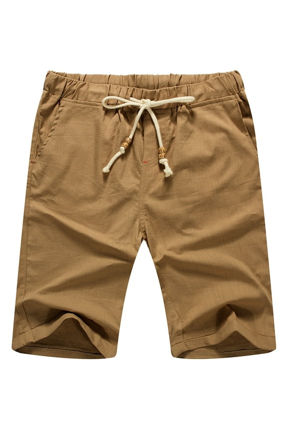 Men’s Linen Shorts Casual Drawstring Summer Beach Shorts US Large Dark Khaki