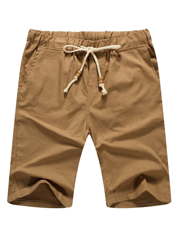 Men’s Linen Shorts Casual Drawstring Summer Beach Shorts US Medium Dark Khaki