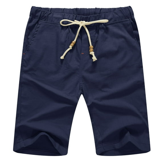 JWD Men’s Linen Shorts Casual Drawstring Summer Beach Shorts US Medium Navy Blue