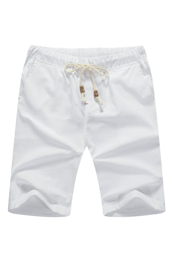 Men’s Linen Shorts Casual Drawstring Summer Beach Shorts US XX-Large White