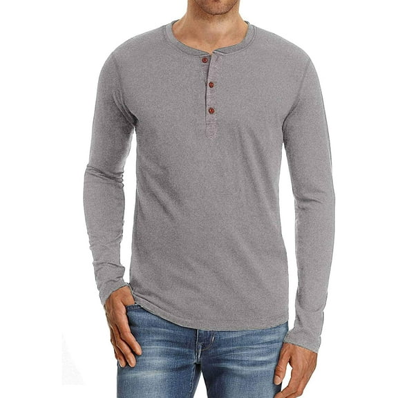 JWD Mens Henley Long Sleeve T-Shirt Cotton Casual Shirt US Large Gray