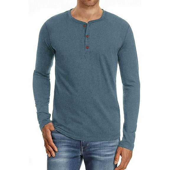 JWD Mens Henley Long Sleeve T-Shirt Cotton Casual Shirt US Large VG Blue