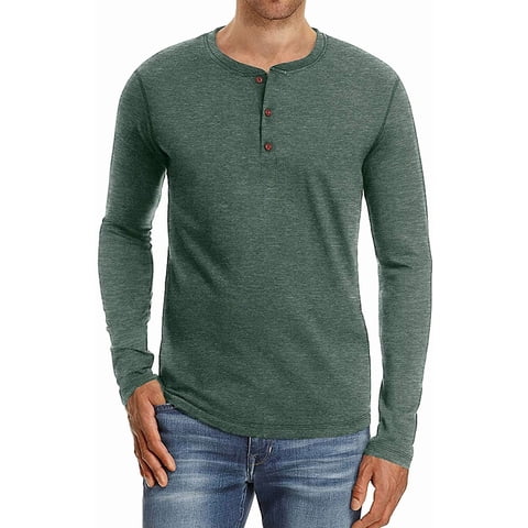 Mens Henley Long Sleeve T-Shirt Cotton Casual Shirt US Large VG Green