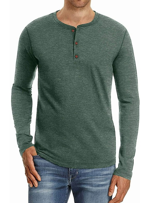 Mens Henley Long Sleeve T-Shirt Cotton Casual Shirt US Large VG Green
