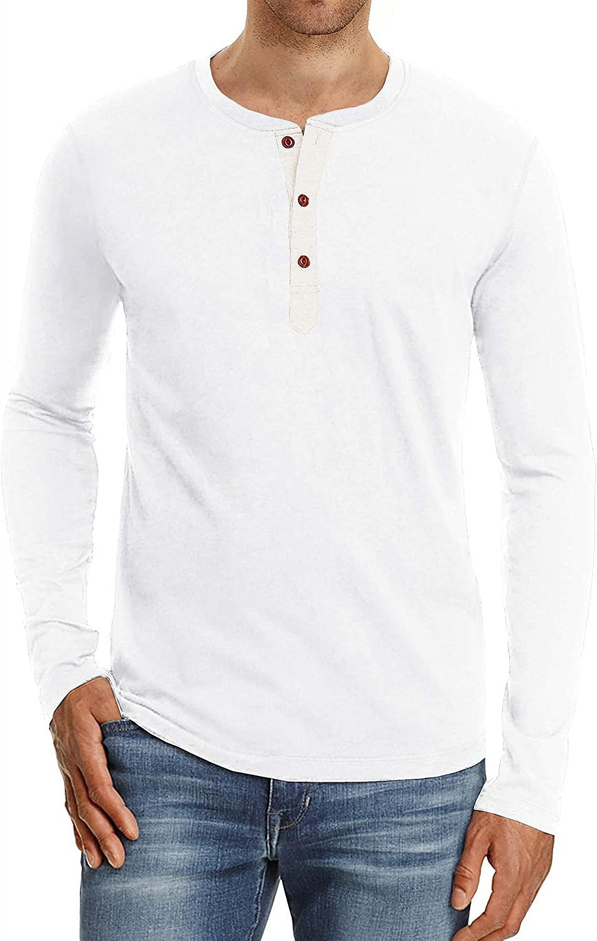 Mens Henley Long Sleeve T-Shirt Cotton Casual Shirt US Large White