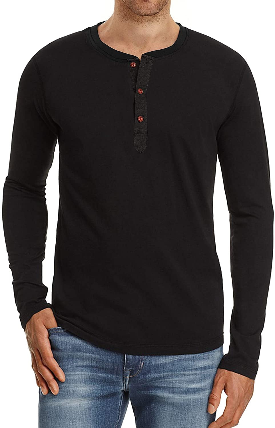 JWD Mens Henley Long Sleeve T-Shirt Cotton Casual Shirt US Medium Black