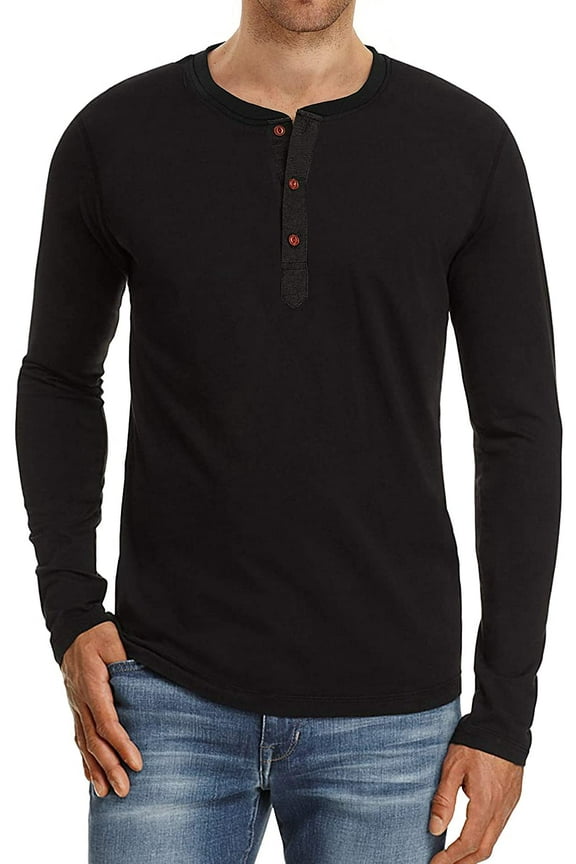 Mens Henley Long Sleeve T-Shirt Cotton Casual Shirt US Medium Black