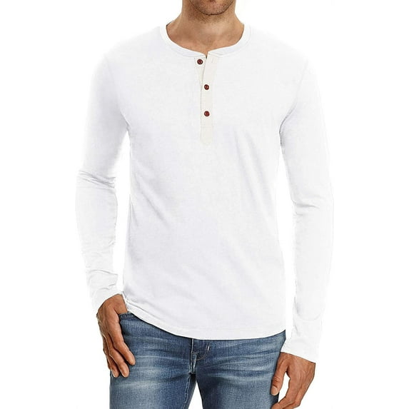 JWD Mens Henley Long Sleeve T-Shirt Cotton Casual Shirt US Medium White