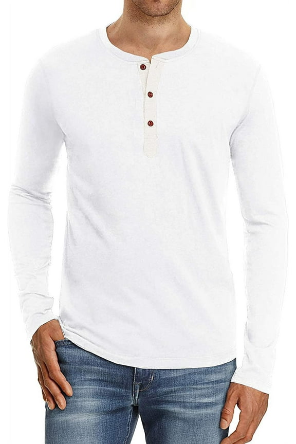 Mens Henley Long Sleeve T-Shirt Cotton Casual Shirt US Medium White