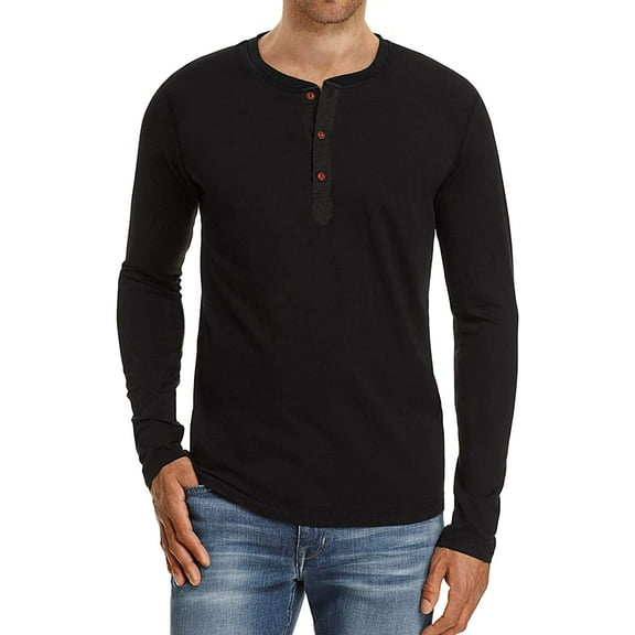 JWD Mens Henley Long Sleeve T-Shirt Cotton Casual Shirt US Small Black