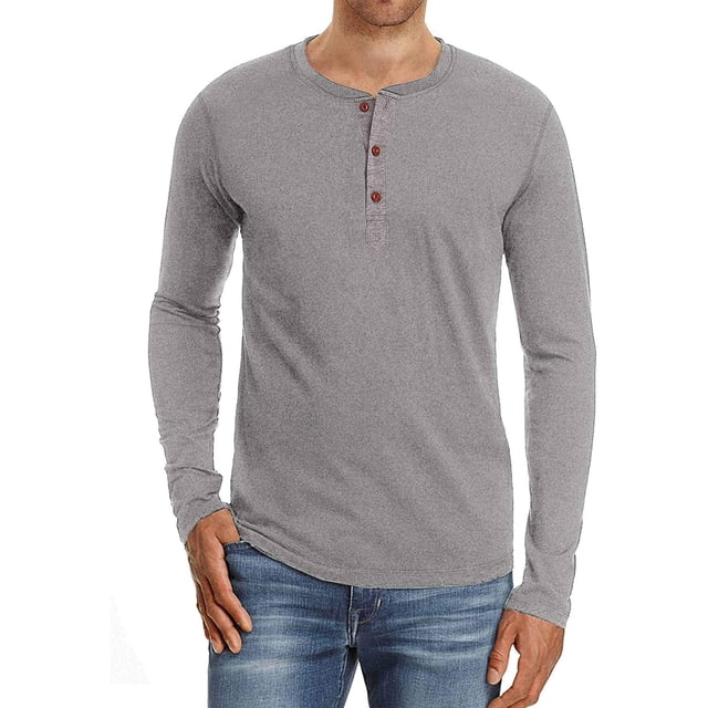 JWD Mens Henley Long Sleeve T-Shirt Cotton Casual Shirt US Small Gray