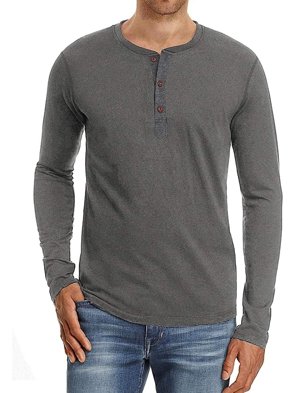 Mens Henley Long Sleeve T-Shirt Cotton Casual Shirt US X-Large Dark Gray