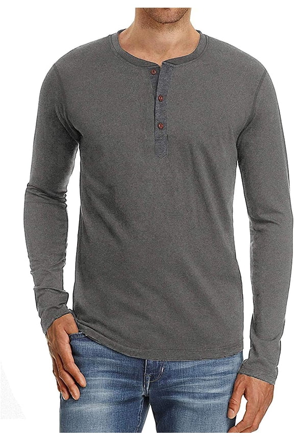 Mens Henley Long Sleeve T-Shirt Cotton Casual Shirt US X-Large Dark Gray