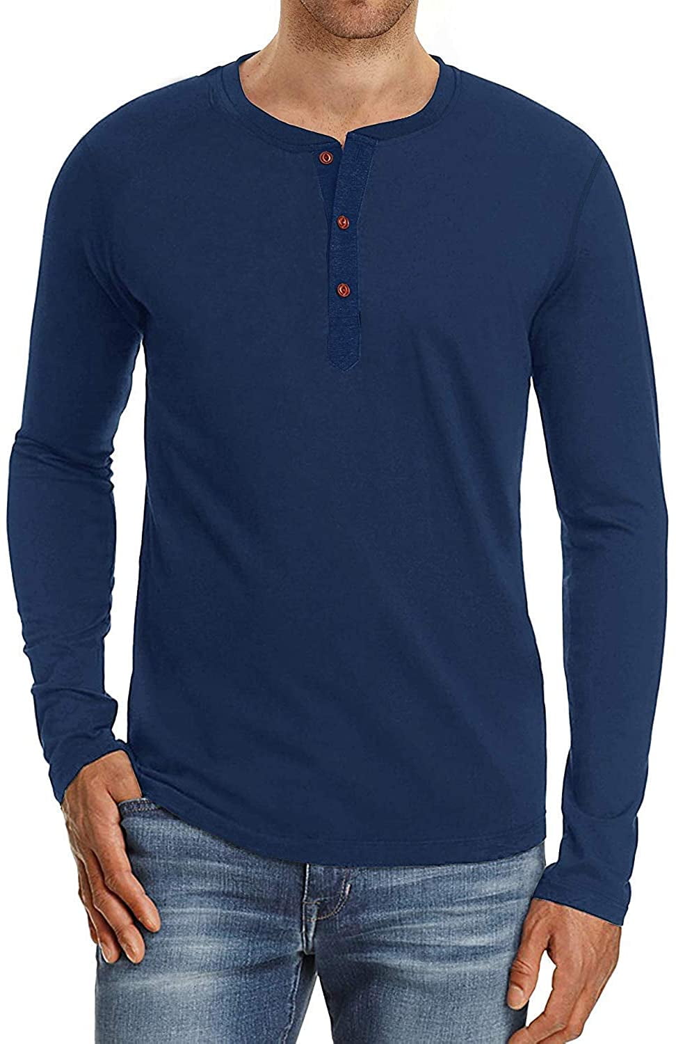 Mens Henley Long Sleeve T-Shirt Cotton Casual Shirt US X-Large Navy Blue