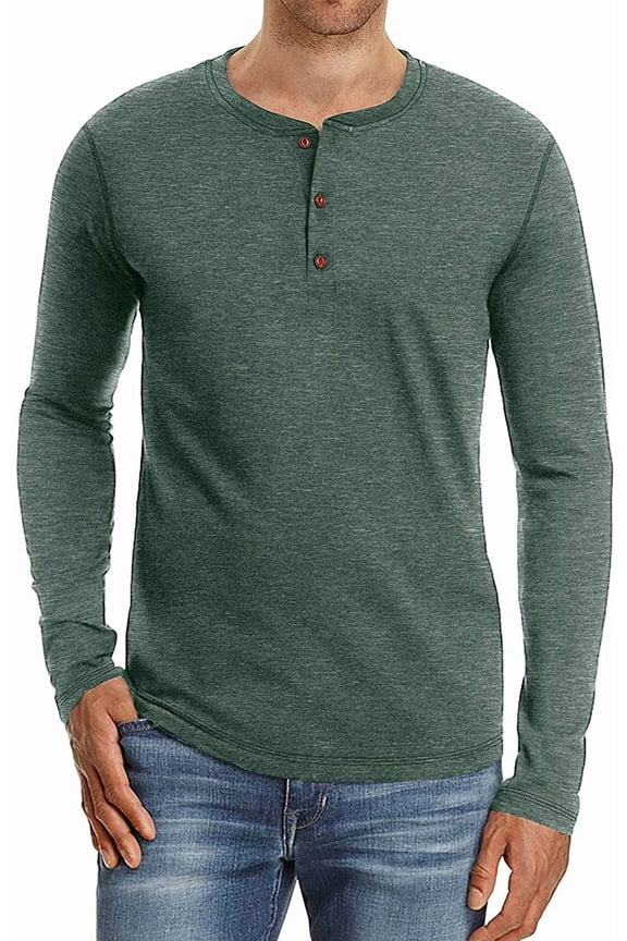 Mens Henley Long Sleeve T-Shirt Cotton Casual Shirt US X-Large VG Green