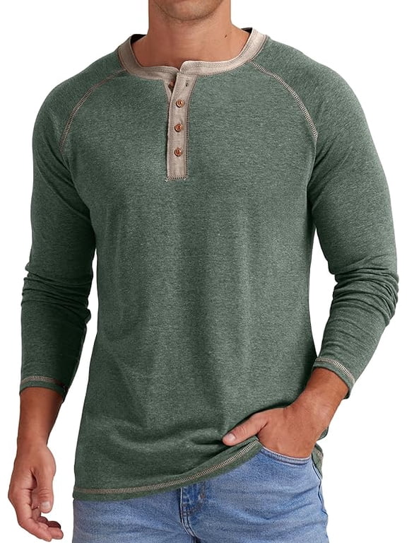 Mens Henley Long Sleeve T-Shirt Cotton Casual Shirt US VG Green L