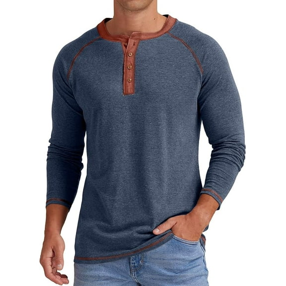 JWD Mens Henley Long Sleeve T-Shirt Cotton Casual Shirt US VG Navy Blue L