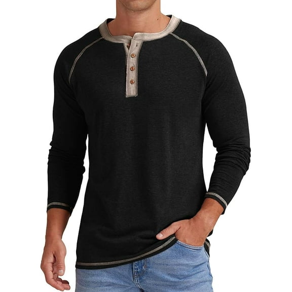 JWD Mens Henley Long Sleeve T-Shirt Cotton Casual Shirt US Black L