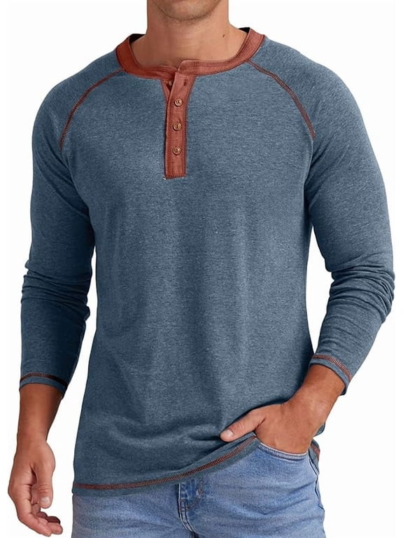 Mens Henley Long Sleeve T-Shirt Cotton Casual Shirt US VG Blue L