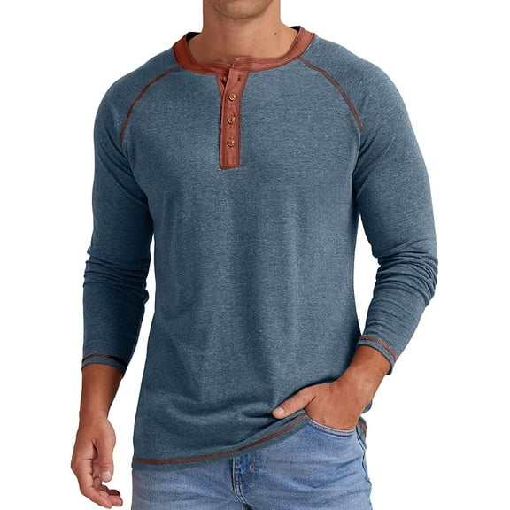 JWD Mens Henley Long Sleeve T-Shirt Cotton Casual Shirt US VG Blue L