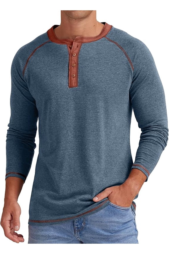 Mens Henley Long Sleeve T-Shirt Cotton Casual Shirt US VG Blue L