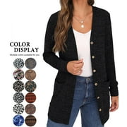 JWD Open Front Black Cardigan for Women Button Down Long Sleeve Sweater Outerwear with Pocket