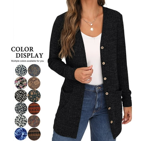 JWD Open Front Black Cardigan for Women Button Down Long Sleeve Sweater Outerwear with Pocket