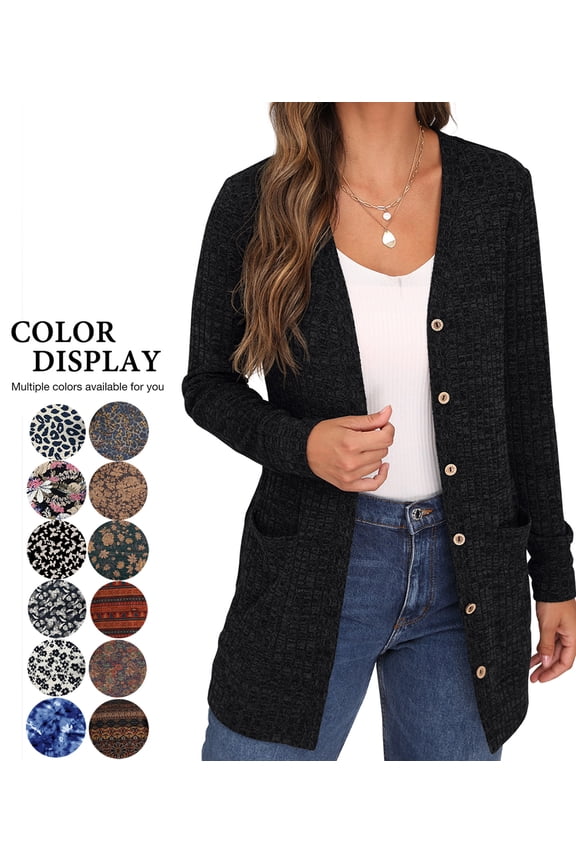 Open Front Black Cardigan for Women Button Down Long Sleeve Sweater Outerwear with Pocket