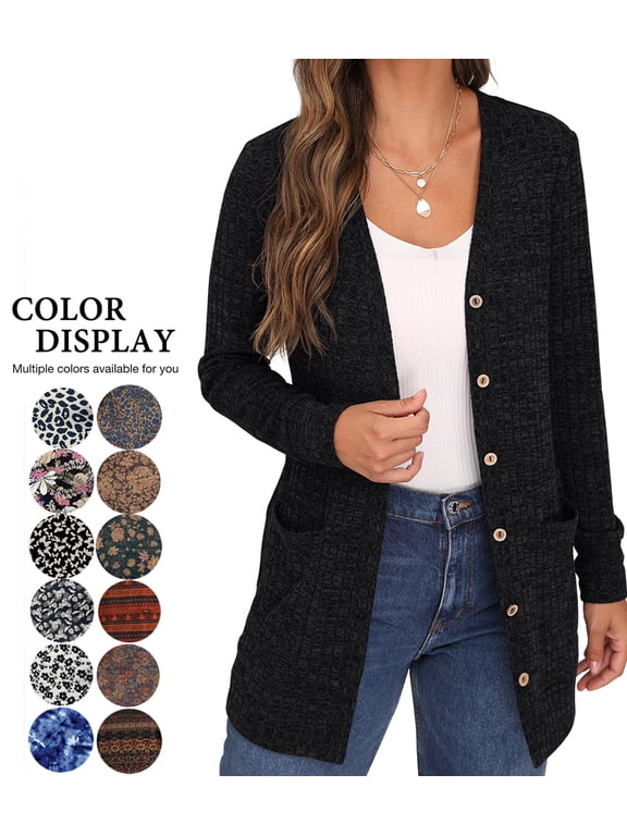 Open Front Black Cardigan for Women Button Down Long Sleeve Outerwear with Pocket