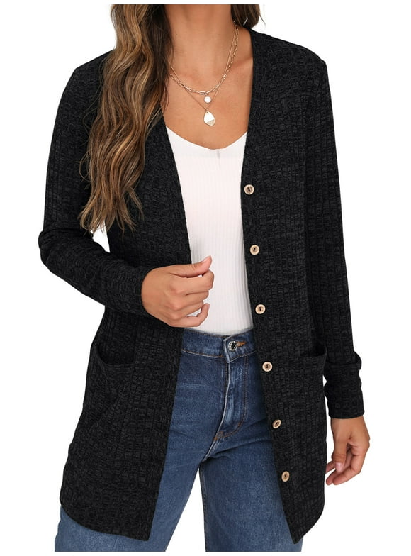 JWD Open Front Black Cardigan for Women Button Down Long Sleeve Sweater Outerwear with Pocket