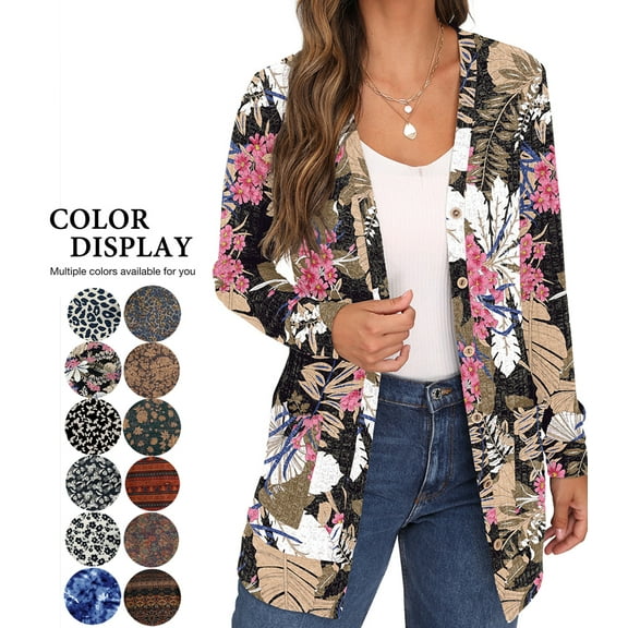 JWD Open Front Cardigan for Women Button Down Long Sleeve Draped Sweater Outerwear with Pocket Black Banana Leaf L