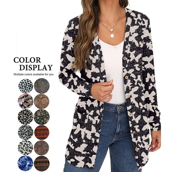 JWD Open Front Cardigan for Women Button Down Long Sleeve Draped Sweater Outerwear with Pocket Black Butterfly S