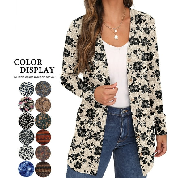 JWD Open Front Cardigan for Women Button Down Long Sleeve Draped Sweater Outerwear with Pocket Khaki Black Flower 2XL