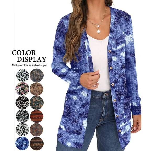 JWD Open Front Cardigan for Women Button Down Long Sleeve Draped Sweater Outerwear with Pocket Tie Dye Blue M
