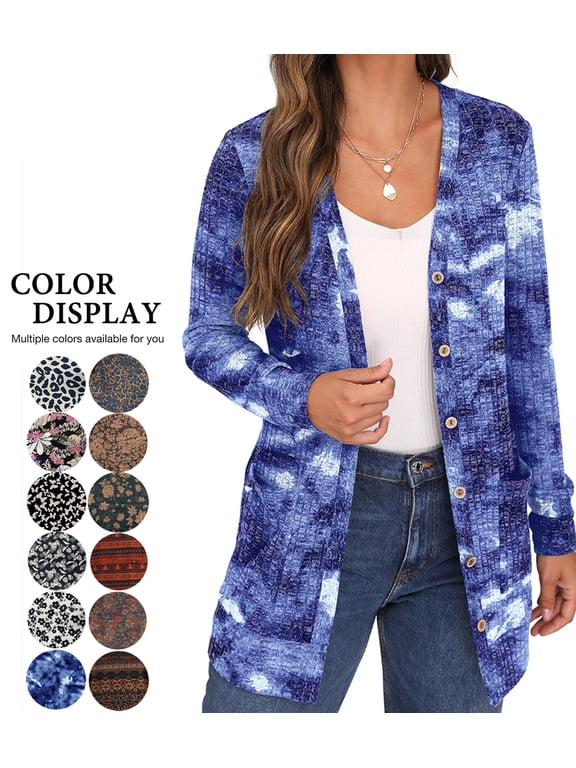 Open Front Cardigan for Women Button Down Long Sleeve Draped Sweater Outerwear with Pocket Tie Dye Blue XL