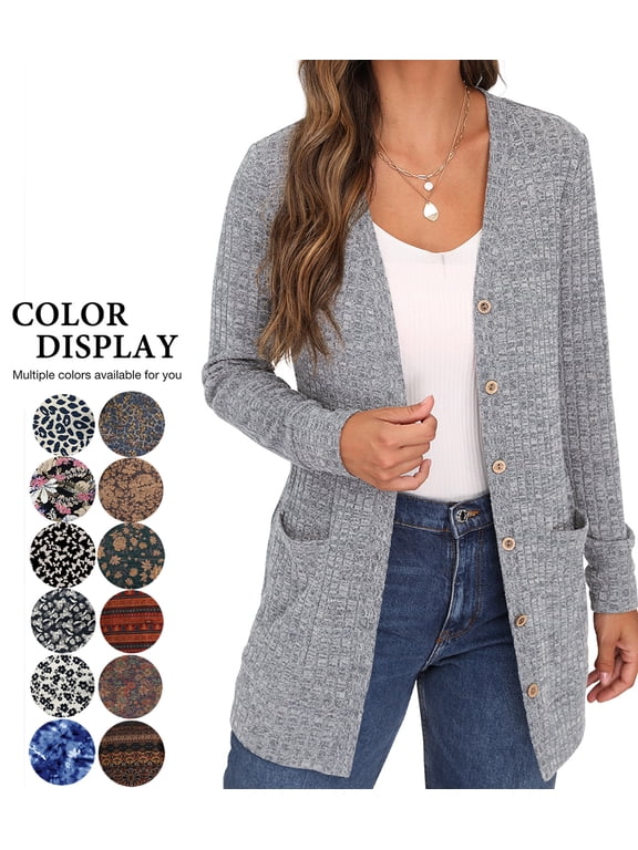 Open Front Cardigan for Women Button Down Long Sleeve Draped Sweater Outerwear with Pocket
