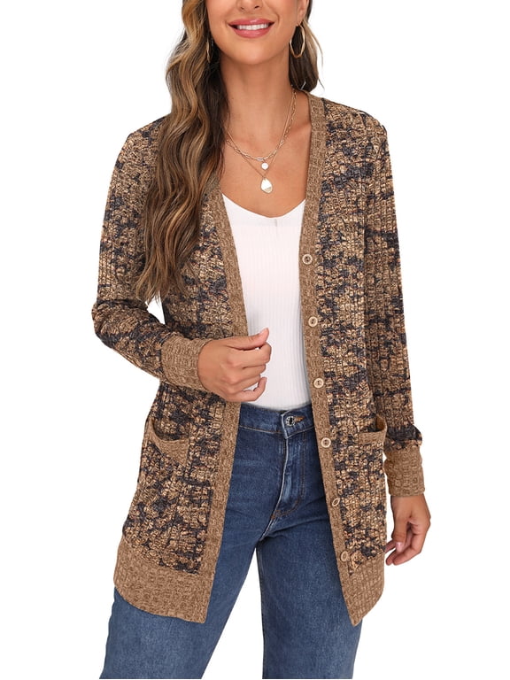 Open Front Cardigan for Women Button Down Long Sleeve Draped Sweater Outerwear with Pocket