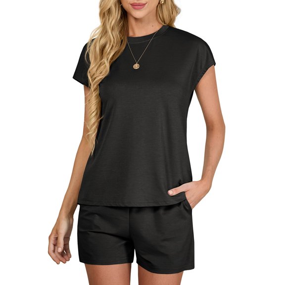 JWD Outfit Sets for Women 2 Piece Sets Casual Short Sleeve Pullover Tops and Elastic Waist Knitted Shorts Black M