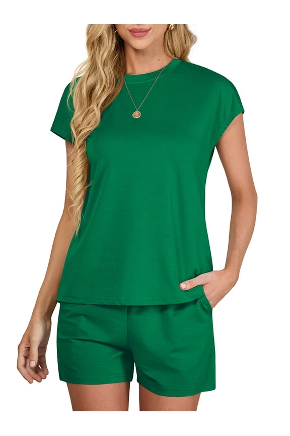 Outfit Sets for Women 2 Piece Sets Casual Short Sleeve Pullover Tops and Elastic Waist Knitted Shorts Dark Green 2XL