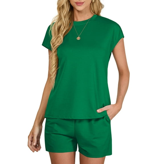 JWD Outfit Sets for Women 2 Piece Sets Casual Short Sleeve Pullover Tops and Elastic Waist Knitted Shorts Dark Green M