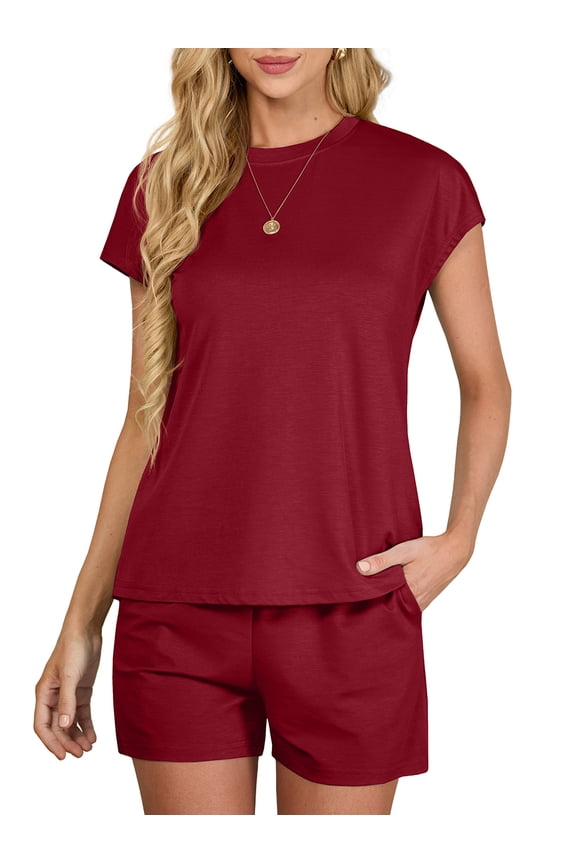 Outfit Sets for Women 2 Piece Sets Casual Short Sleeve Pullover Tops and Elastic Waist Knitted Shorts Wine Red L