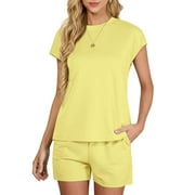 JWD Outfit Sets for Women 2 Piece Sets Casual Short Sleeve Pullover Tops and Elastic Waist Knitted Shorts Yellow L